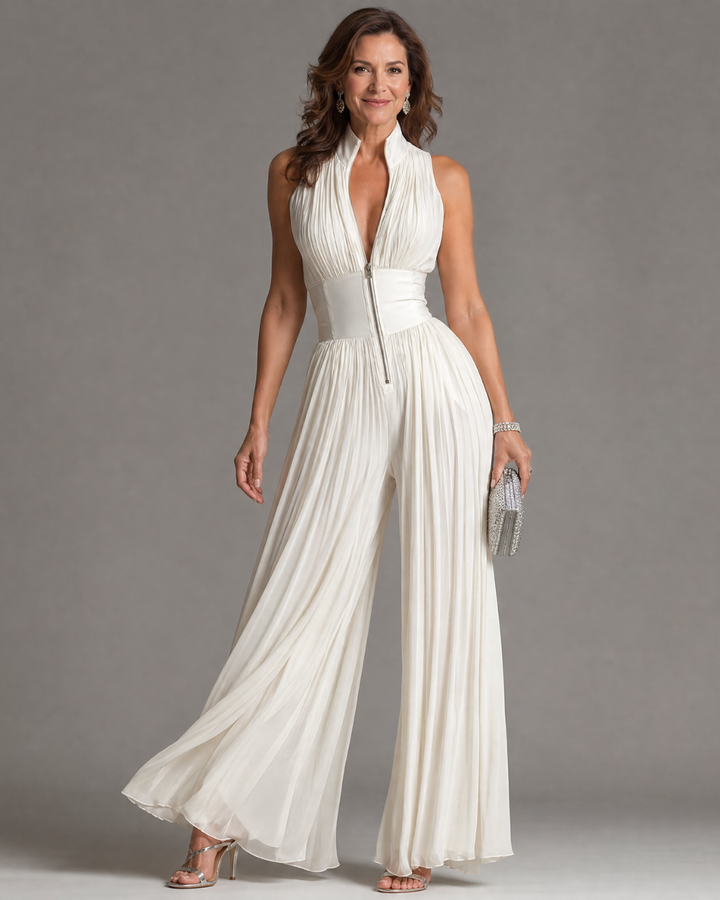 Zakira - Pleated Halter Neck Wide Leg Jumpsuit