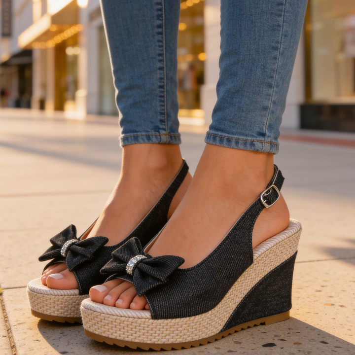 Estelle - Crystal Bow Wedge Sandals