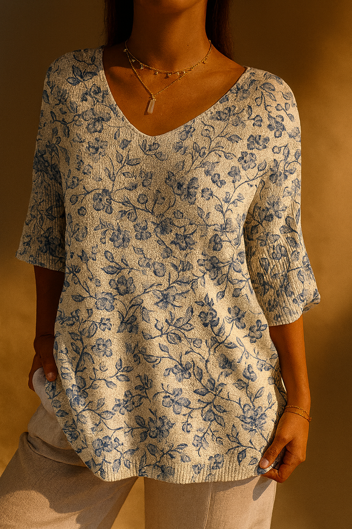 Blue Floral Knit Top